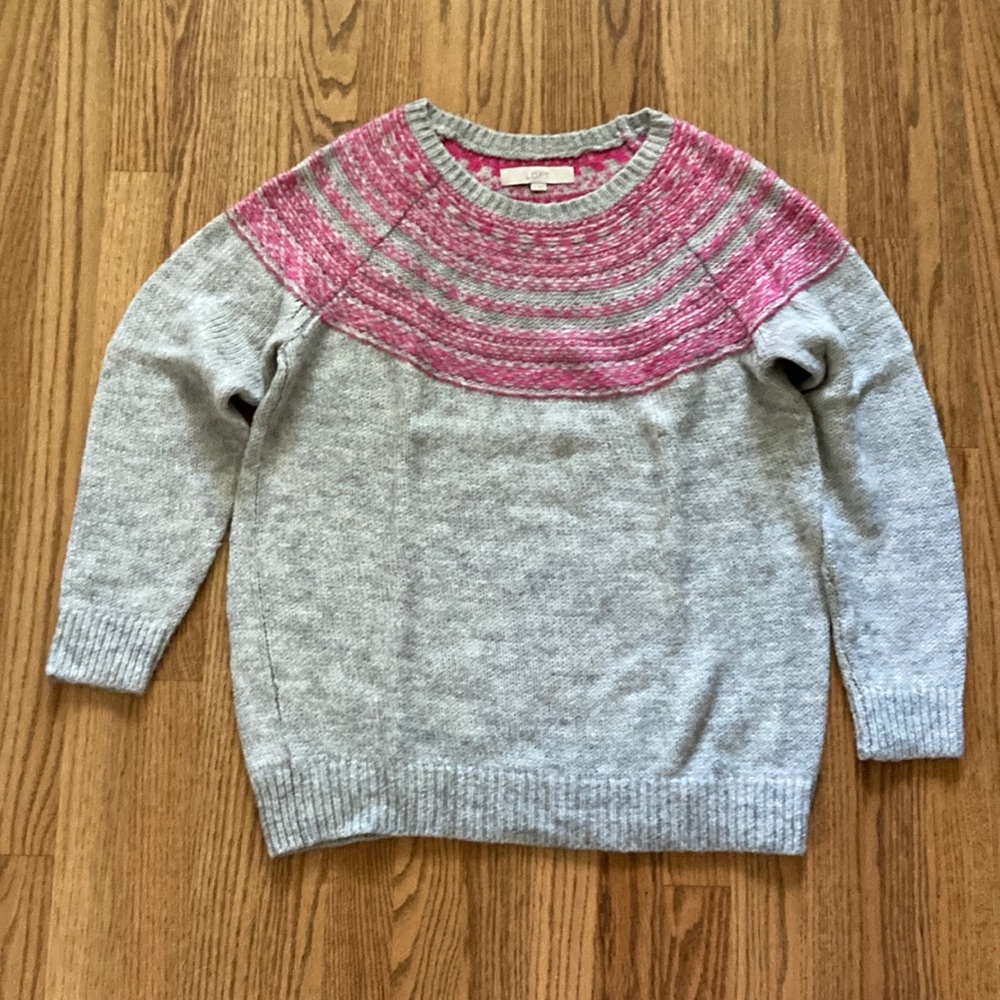 Loft Fair Isle Sweater Gray/Pink Size Medium